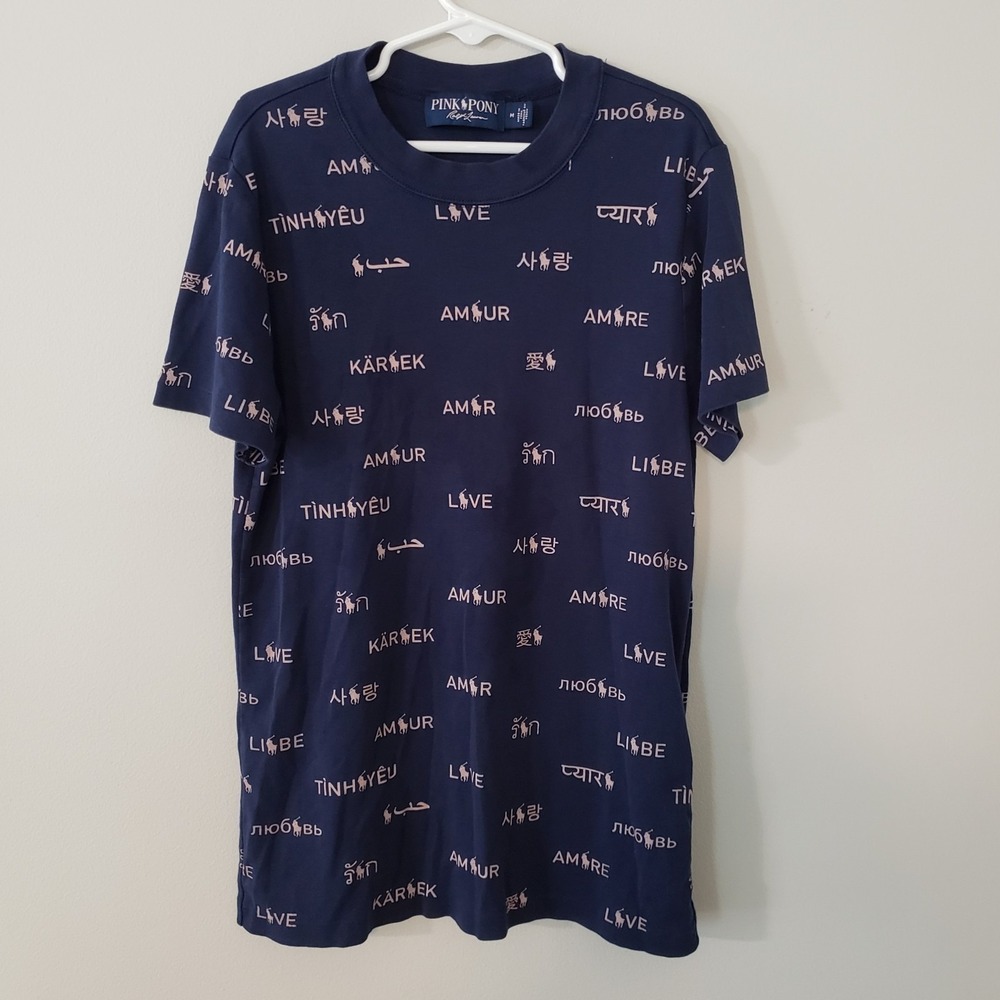 Pink Pony Ralph Lauren Womens Multi Language Love T-Shirt SIZE M Slim Fit Blue